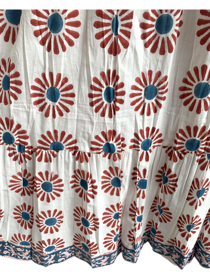 Rust Floral Hand Block Printed Cotton Dress – Puff Sleeve Boho Tiered Summer Dress