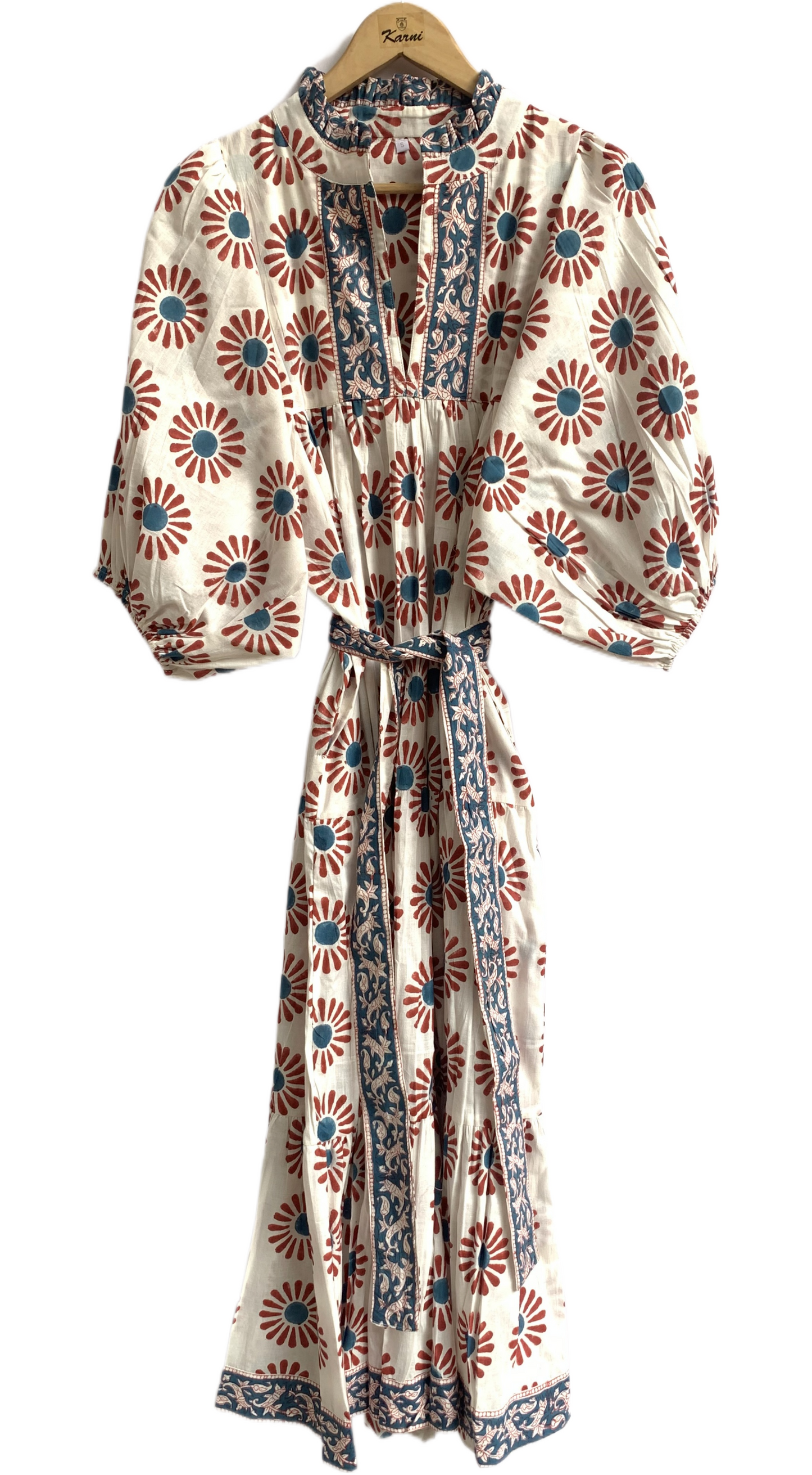 Rust Floral Hand Block Printed Cotton Dress – Puff Sleeve Boho Tiered Summer Dress