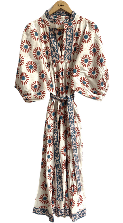Rust Floral Hand Block Printed Cotton Dress – Puff Sleeve Boho Tiered Summer Dress