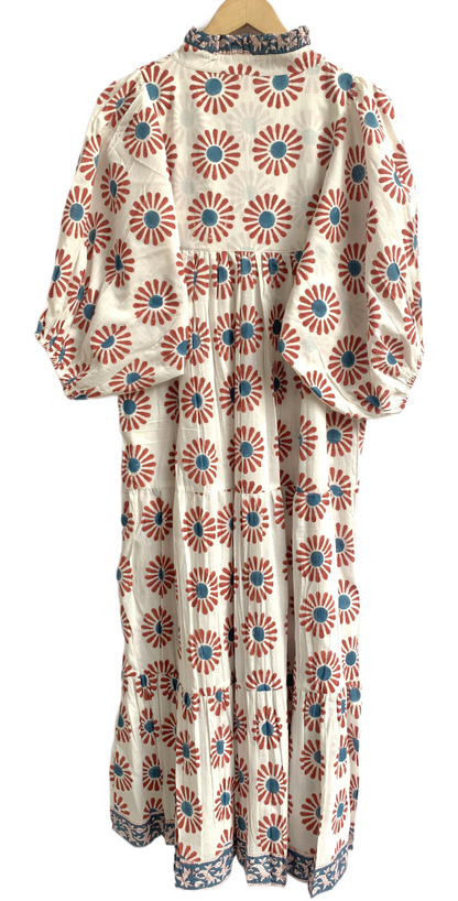 Rust Floral Hand Block Printed Cotton Dress – Puff Sleeve Boho Tiered Summer Dress
