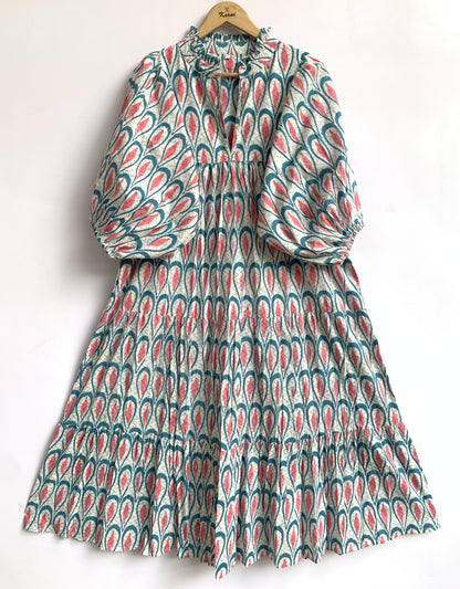 Teal Block Print Cotton Puff Sleeve Tiered Dress