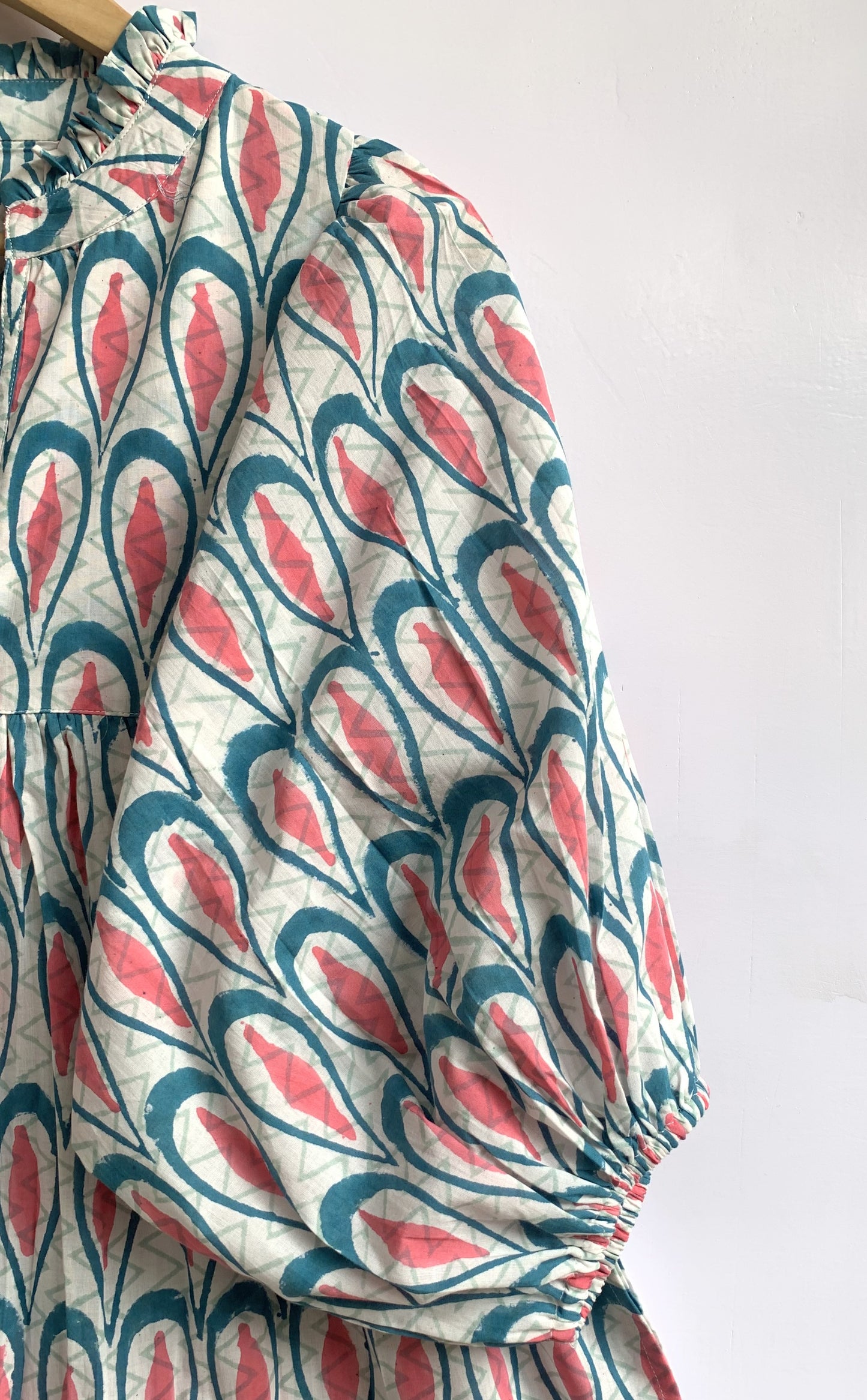 Teal Block Print Cotton Puff Sleeve Tiered Dress