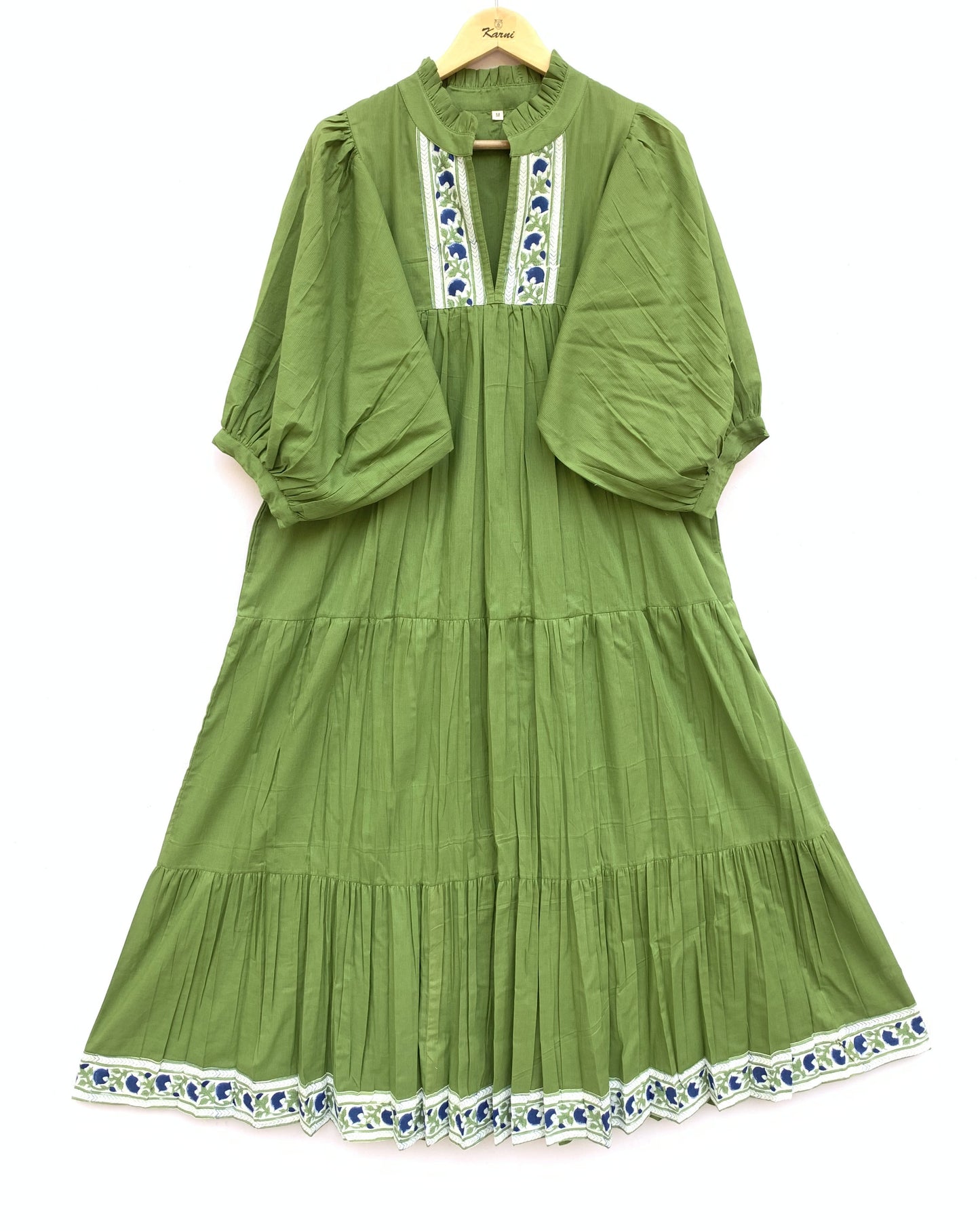 Olive Green Cotton Maxi Dress – Puff Sleeve Tiered Boho Long Dress with Floral Block Print Border