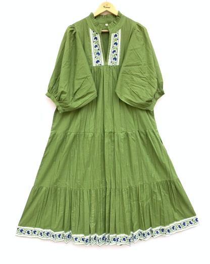 Olive Green Cotton Maxi Dress – Puff Sleeve Tiered Boho Long Dress with Floral Block Print Border