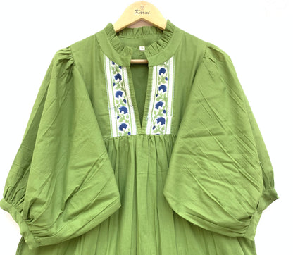 Olive Green Cotton Maxi Dress – Puff Sleeve Tiered Boho Long Dress with Floral Block Print Border