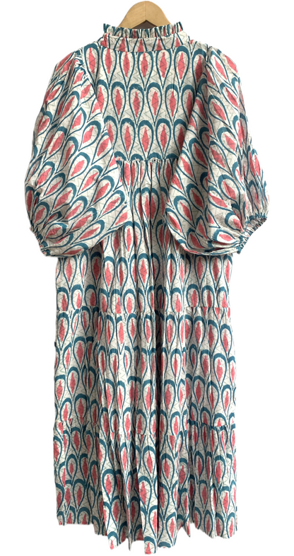 Teal Block Print Cotton Puff Sleeve Tiered Dress