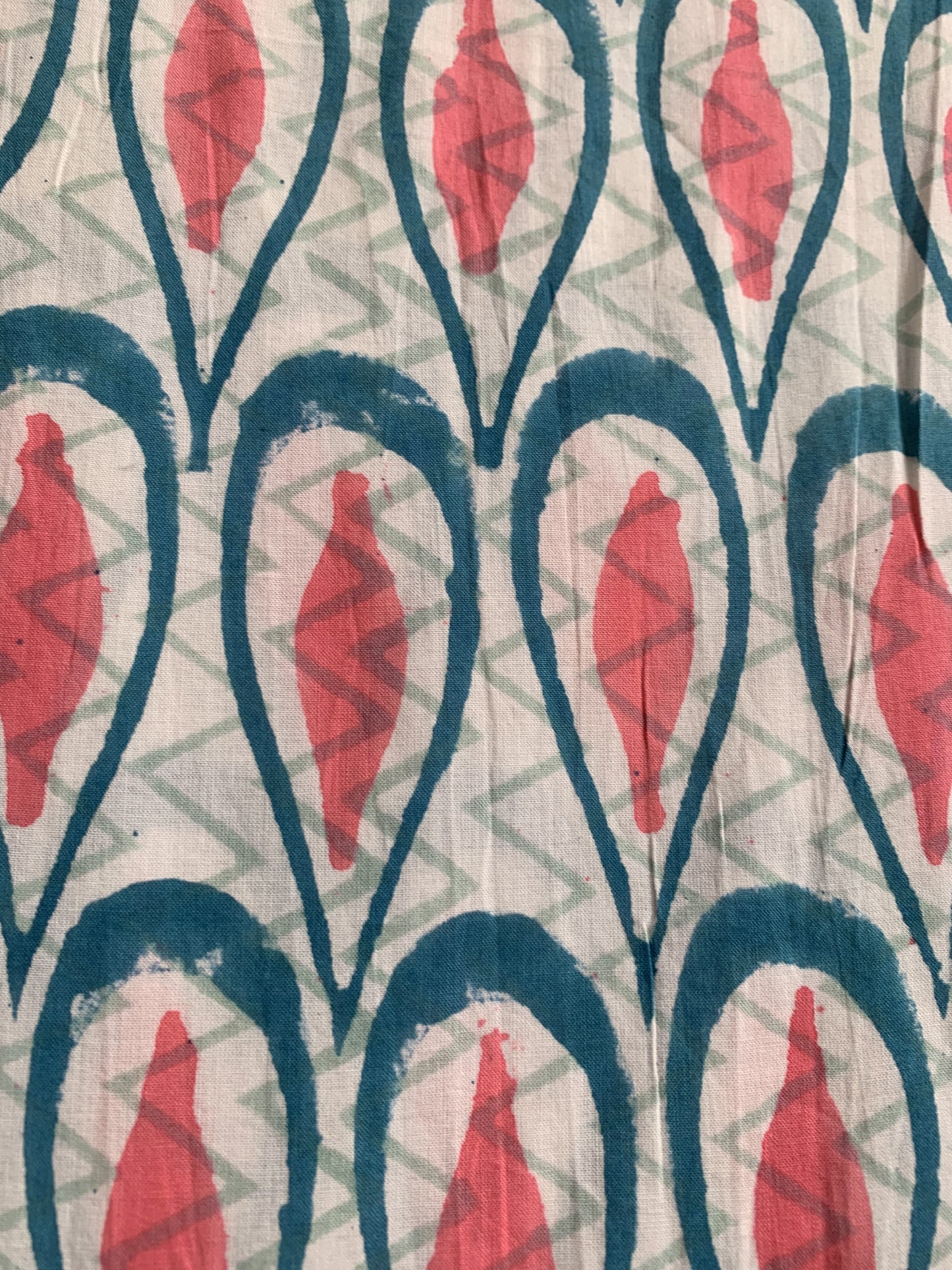 Teal Block Print Cotton Puff Sleeve Tiered Dress