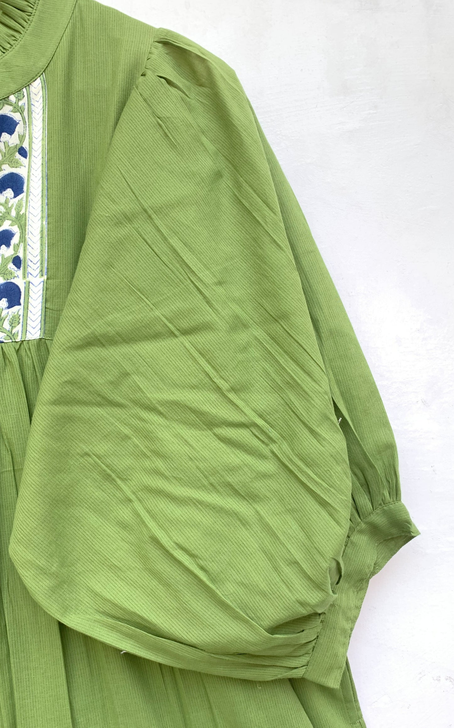 Olive Green Cotton Maxi Dress – Puff Sleeve Tiered Boho Long Dress with Floral Block Print Border