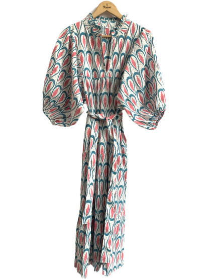 Teal Block Print Cotton Puff Sleeve Tiered Dress