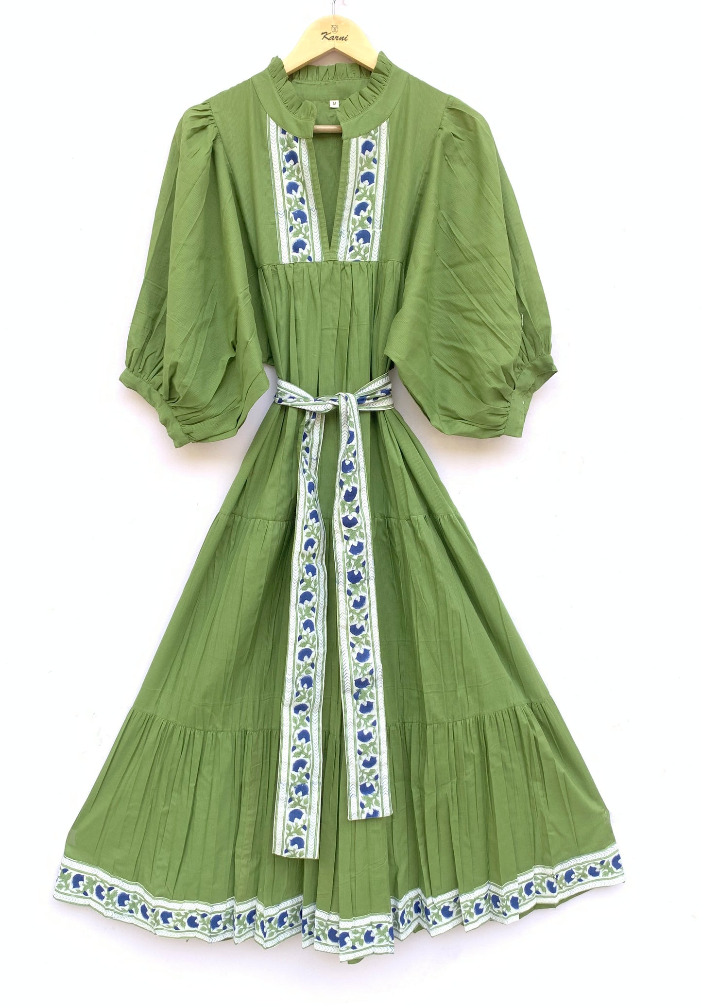 Olive Green Cotton Maxi Dress – Puff Sleeve Tiered Boho Long Dress with Floral Block Print Border