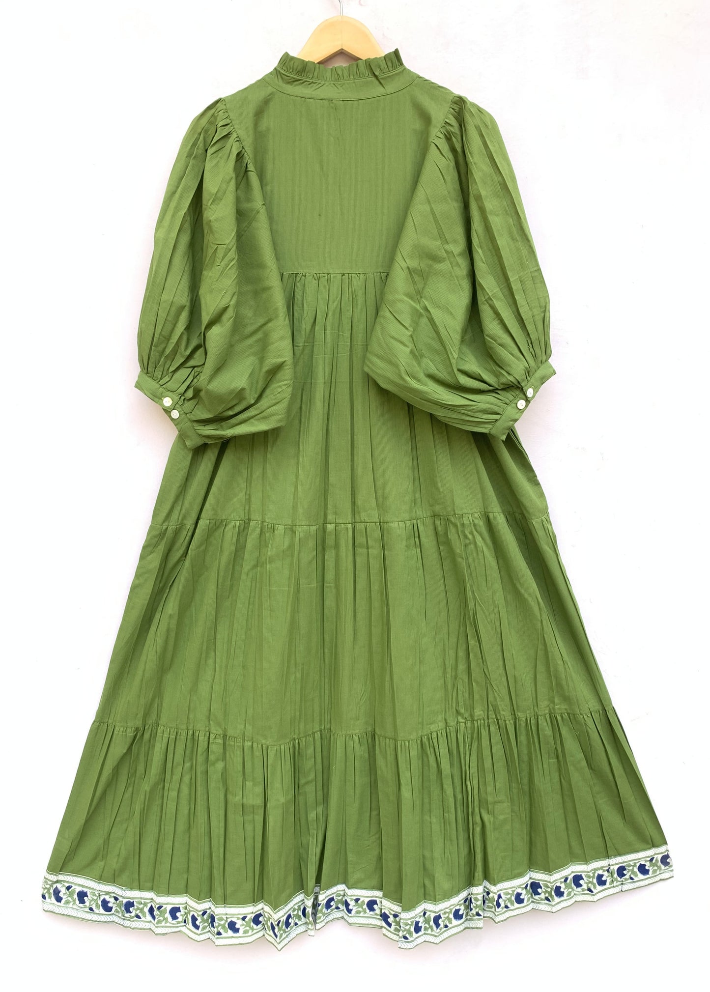 Olive Green Cotton Maxi Dress – Puff Sleeve Tiered Boho Long Dress with Floral Block Print Border