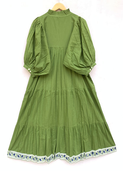 Olive Green Cotton Maxi Dress – Puff Sleeve Tiered Boho Long Dress with Floral Block Print Border