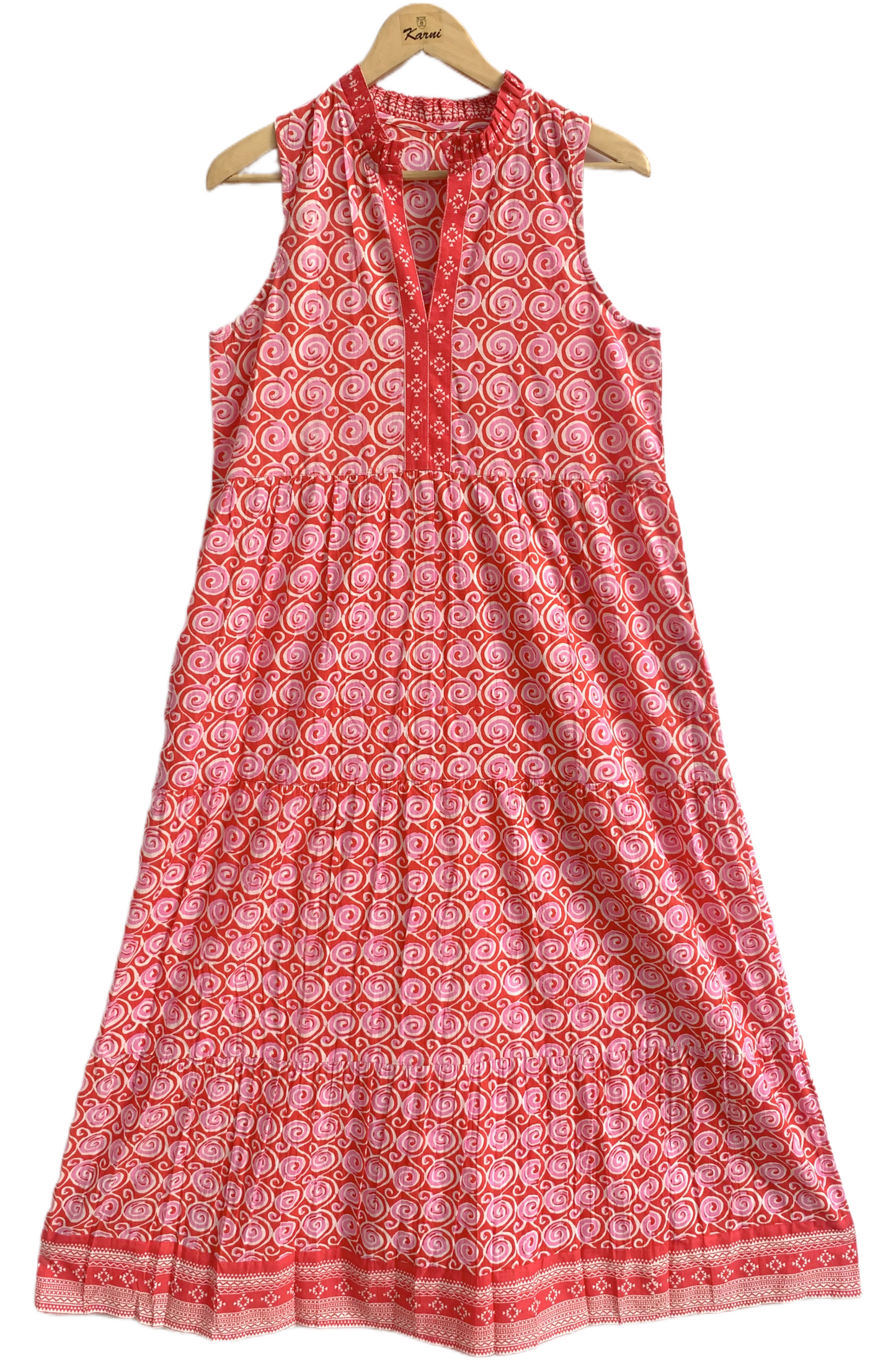 Red Printed Cotton Tiered Midi Dress – Sleeveless Boho Summer Dress