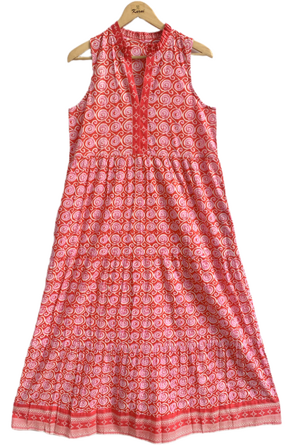 Red Printed Cotton Tiered Midi Dress – Sleeveless Boho Summer Dress