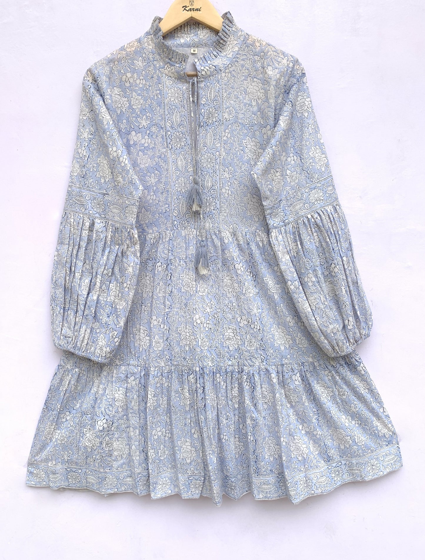 Powder Blue Floral Hand Block Printed Cotton Mini Dress – Boho Long Sleeve Indian Dress