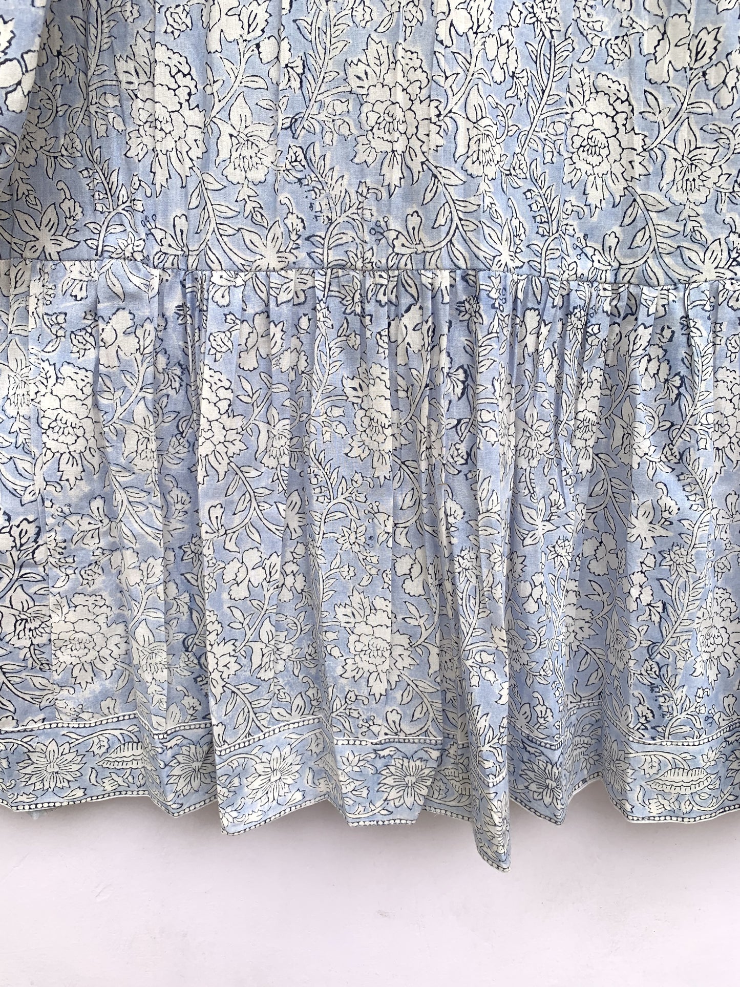 Powder Blue Floral Hand Block Printed Cotton Mini Dress – Boho Long Sleeve Indian Dress