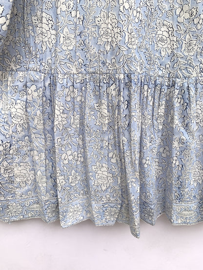 Powder Blue Floral Hand Block Printed Cotton Mini Dress – Boho Long Sleeve Indian Dress