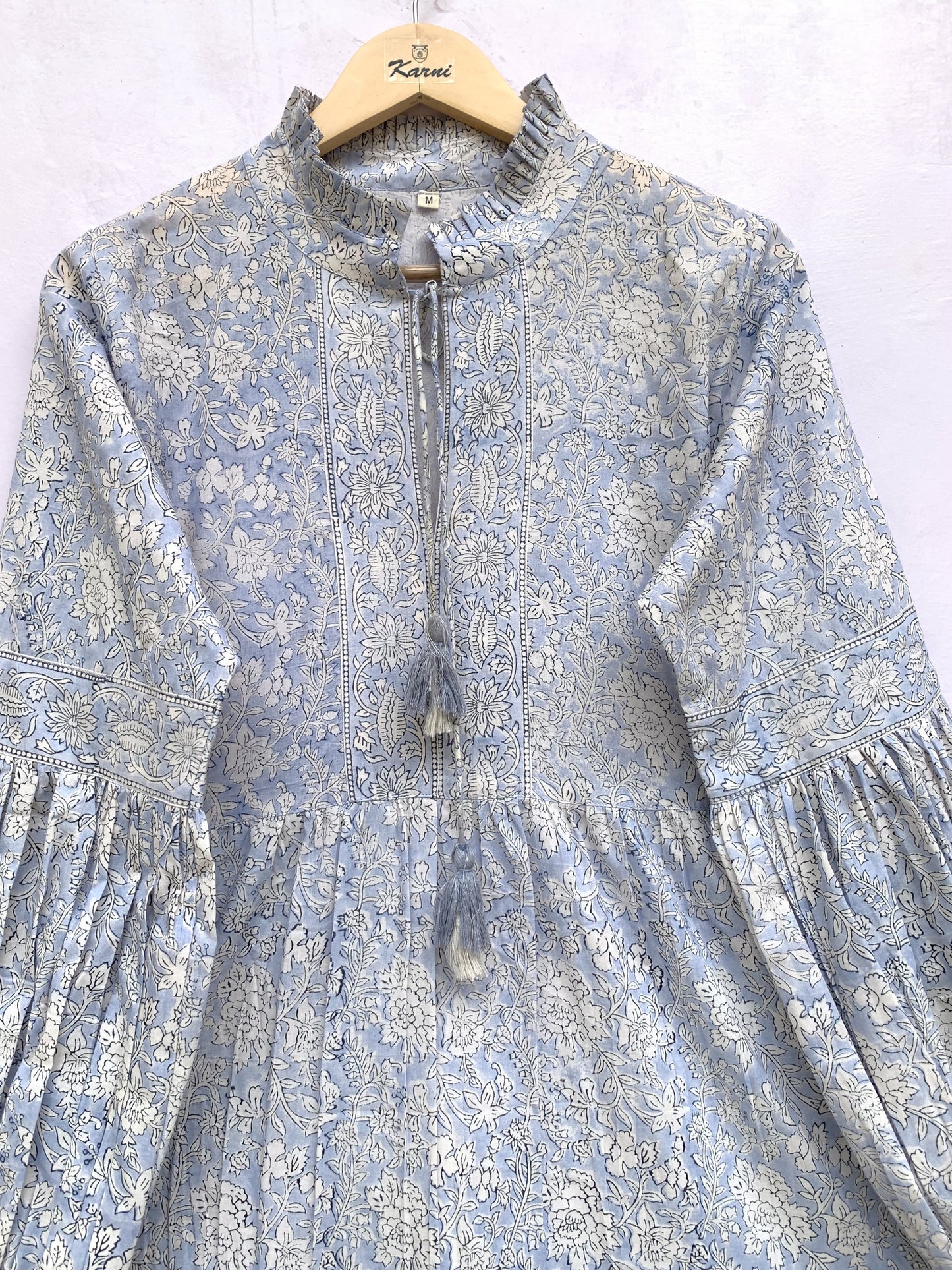 Powder Blue Floral Hand Block Printed Cotton Mini Dress – Boho Long Sleeve Indian Dress
