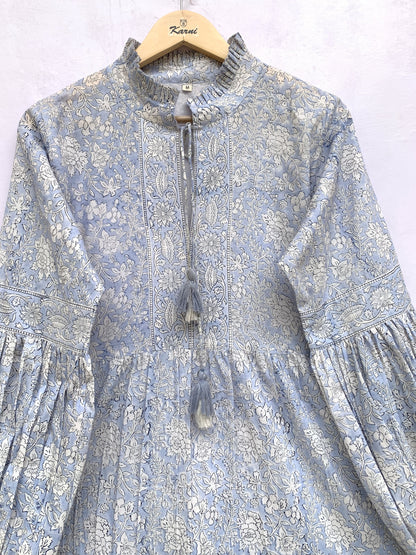 Powder Blue Floral Hand Block Printed Cotton Mini Dress – Boho Long Sleeve Indian Dress