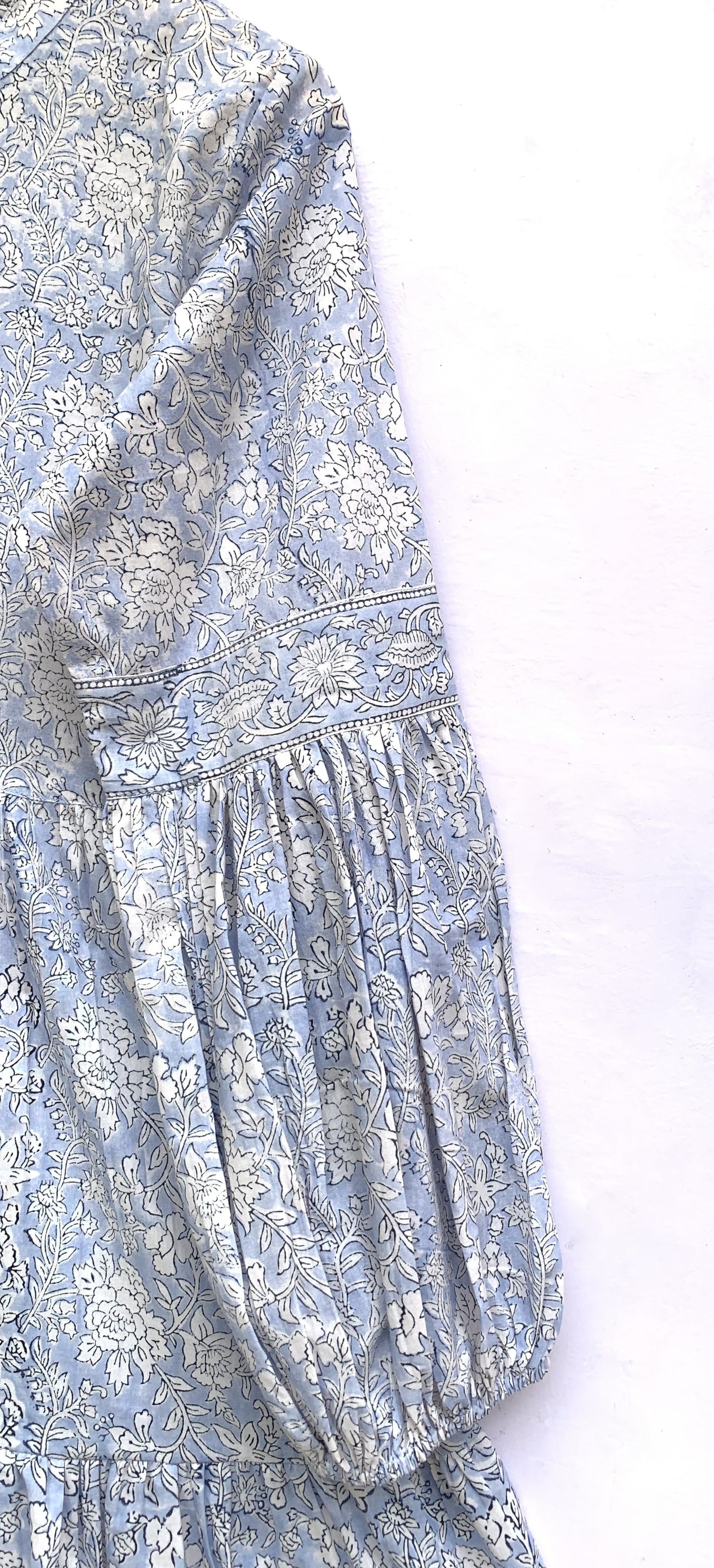 Powder Blue Floral Hand Block Printed Cotton Mini Dress – Boho Long Sleeve Indian Dress