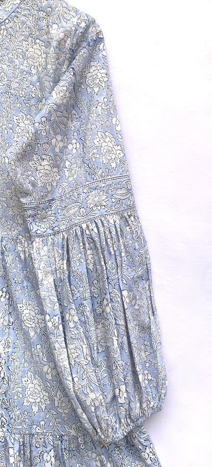 Powder Blue Floral Hand Block Printed Cotton Mini Dress – Boho Long Sleeve Indian Dress