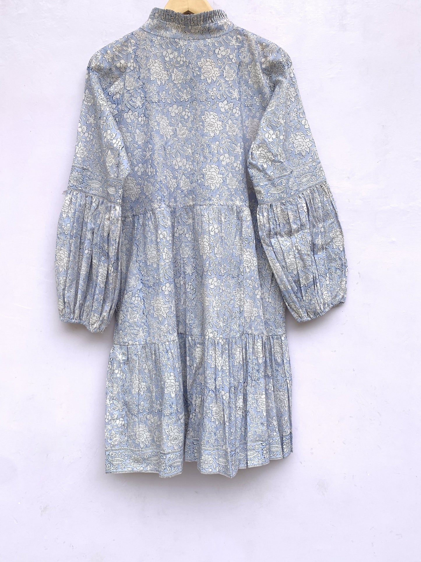 Powder Blue Floral Hand Block Printed Cotton Mini Dress – Boho Long Sleeve Indian Dress