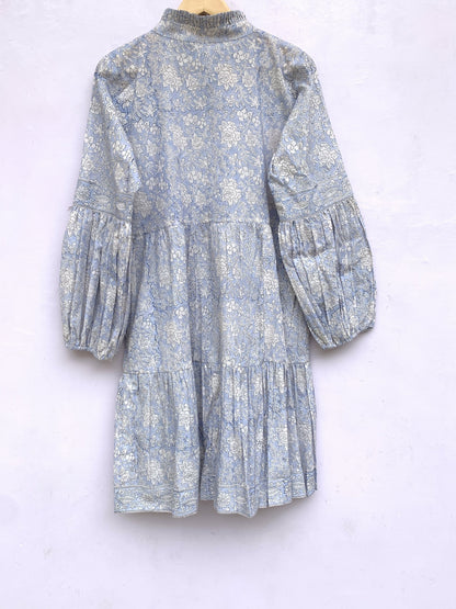 Powder Blue Floral Hand Block Printed Cotton Mini Dress – Boho Long Sleeve Indian Dress
