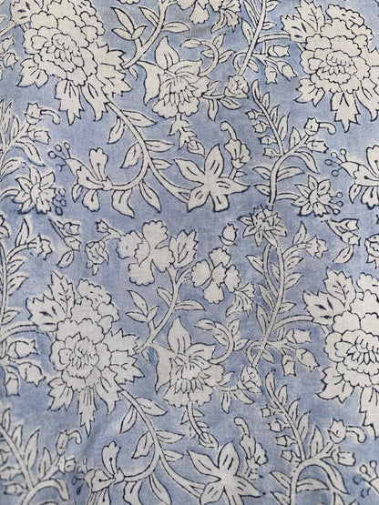 Powder Blue Floral Hand Block Printed Cotton Mini Dress – Boho Long Sleeve Indian Dress