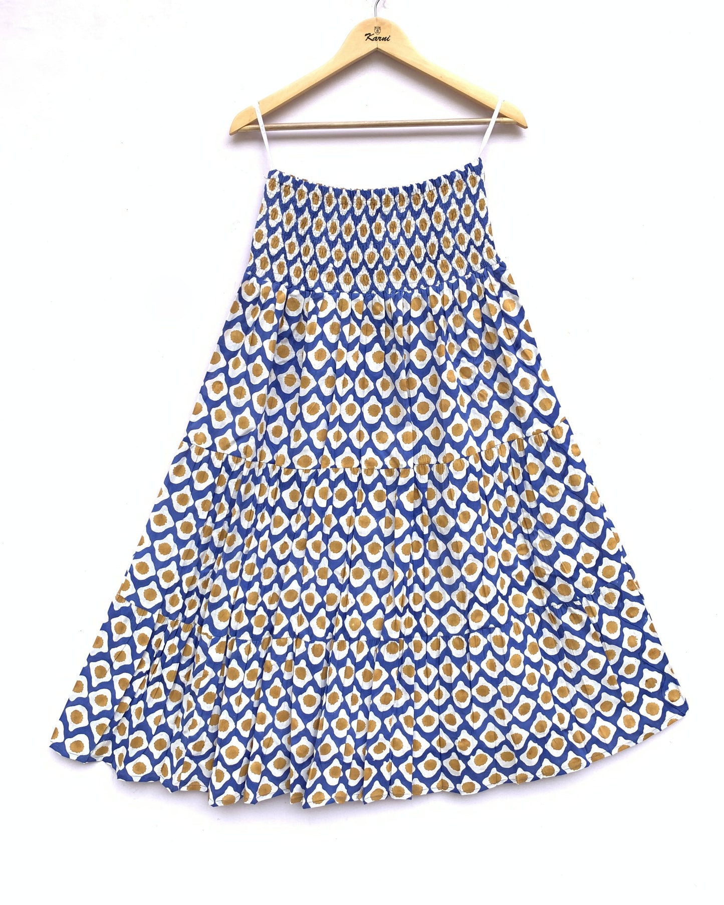 Blue Mustard Geometric Hand Block Printed Cotton Maxi Skirt – Tiered Boho Elastic Waist Summer Skirt