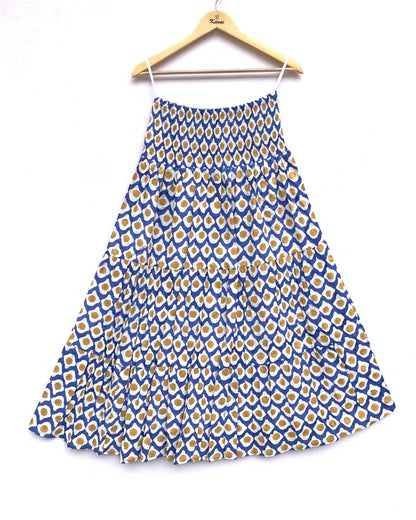 Blue Mustard Geometric Hand Block Printed Cotton Maxi Skirt – Tiered Boho Elastic Waist Summer Skirt