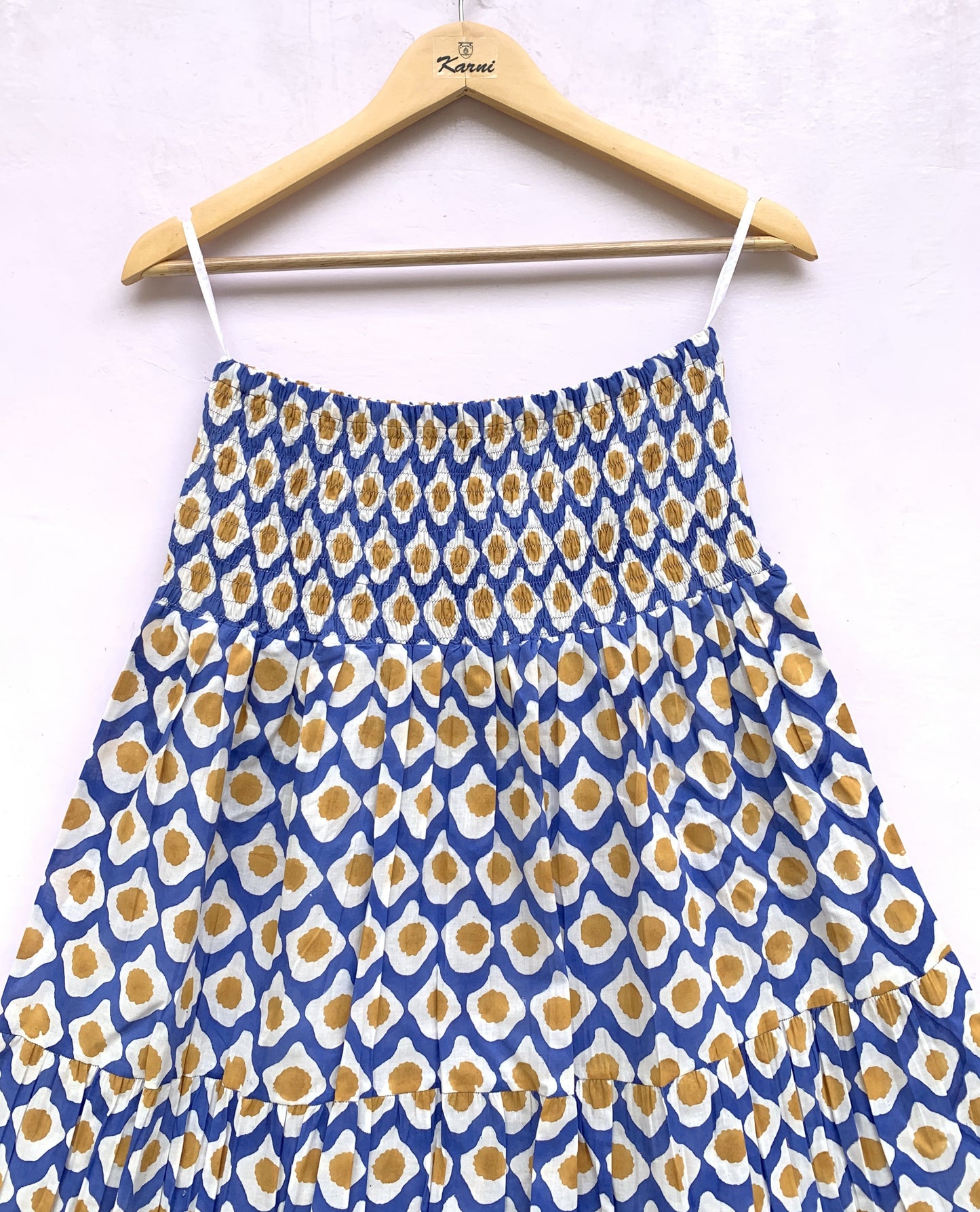 Blue Mustard Geometric Hand Block Printed Cotton Maxi Skirt – Tiered Boho Elastic Waist Summer Skirt