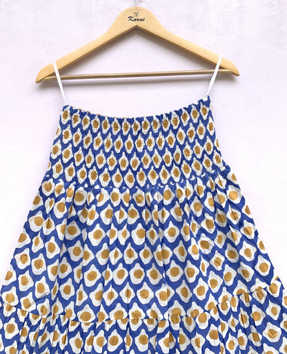 Blue Mustard Geometric Hand Block Printed Cotton Maxi Skirt – Tiered Boho Elastic Waist Summer Skirt