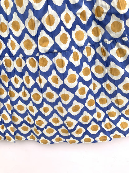 Blue Mustard Geometric Hand Block Printed Cotton Maxi Skirt – Tiered Boho Elastic Waist Summer Skirt