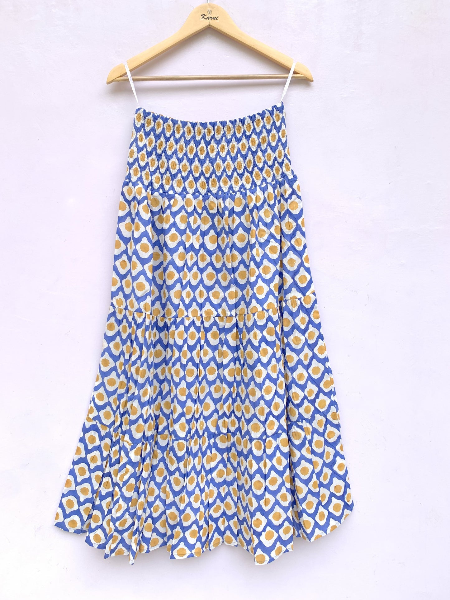 Blue Mustard Geometric Hand Block Printed Cotton Maxi Skirt – Tiered Boho Elastic Waist Summer Skirt