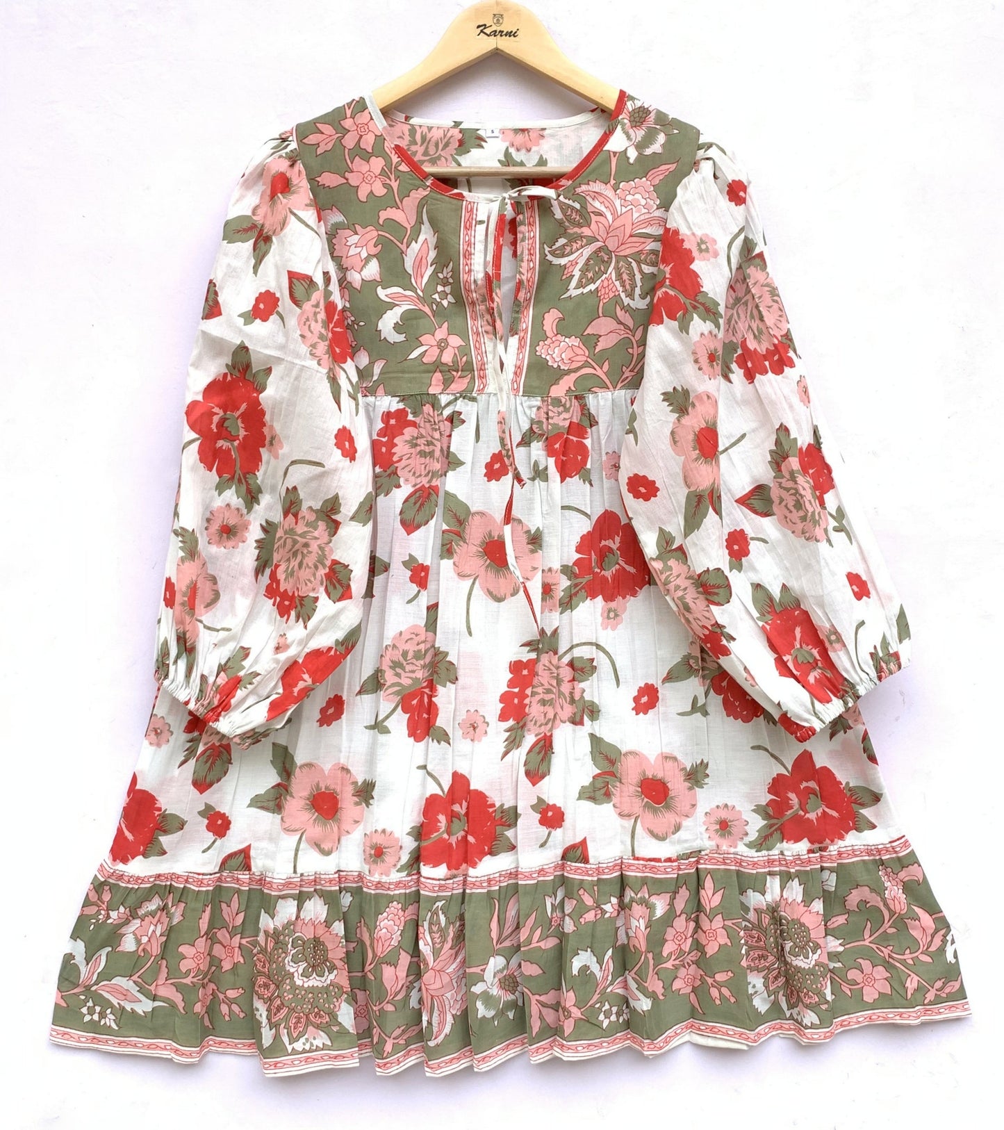 White Red Floral Screen Printed Cotton Mini Dress – Long Sleeve Boho Indian Dress