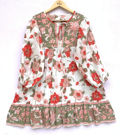 White Red Floral Screen Printed Cotton Mini Dress – Long Sleeve Boho Indian Dress