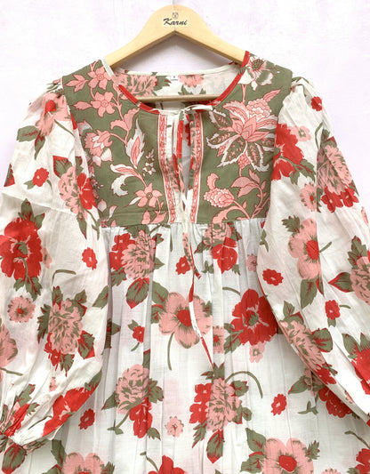 White Red Floral Screen Printed Cotton Mini Dress – Long Sleeve Boho Indian Dress
