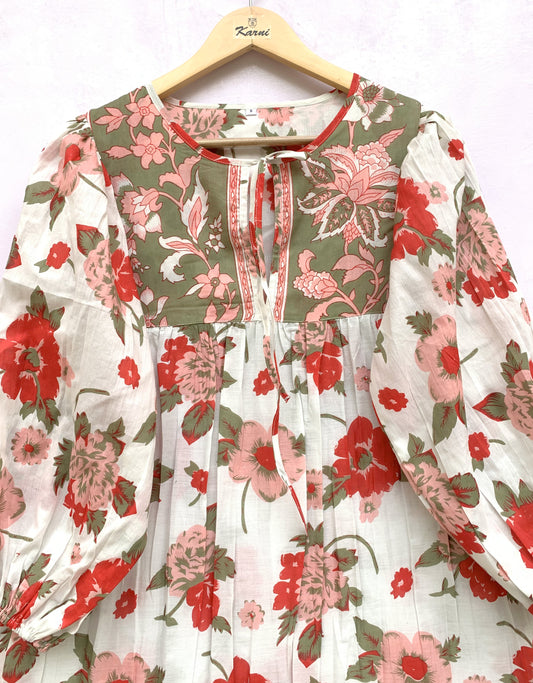 White Red Floral Screen Printed Cotton Mini Dress – Long Sleeve Boho Indian Dress