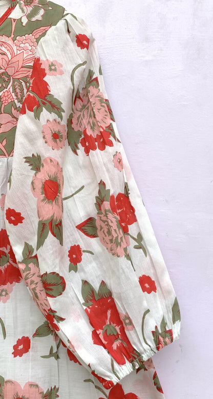 White Red Floral Screen Printed Cotton Mini Dress – Long Sleeve Boho Indian Dress