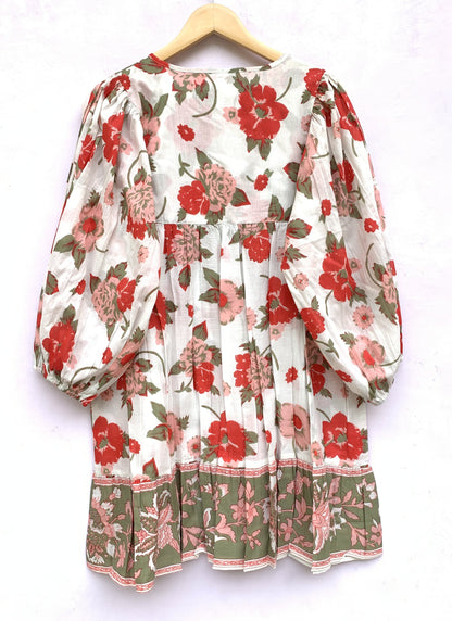 White Red Floral Screen Printed Cotton Mini Dress – Long Sleeve Boho Indian Dress