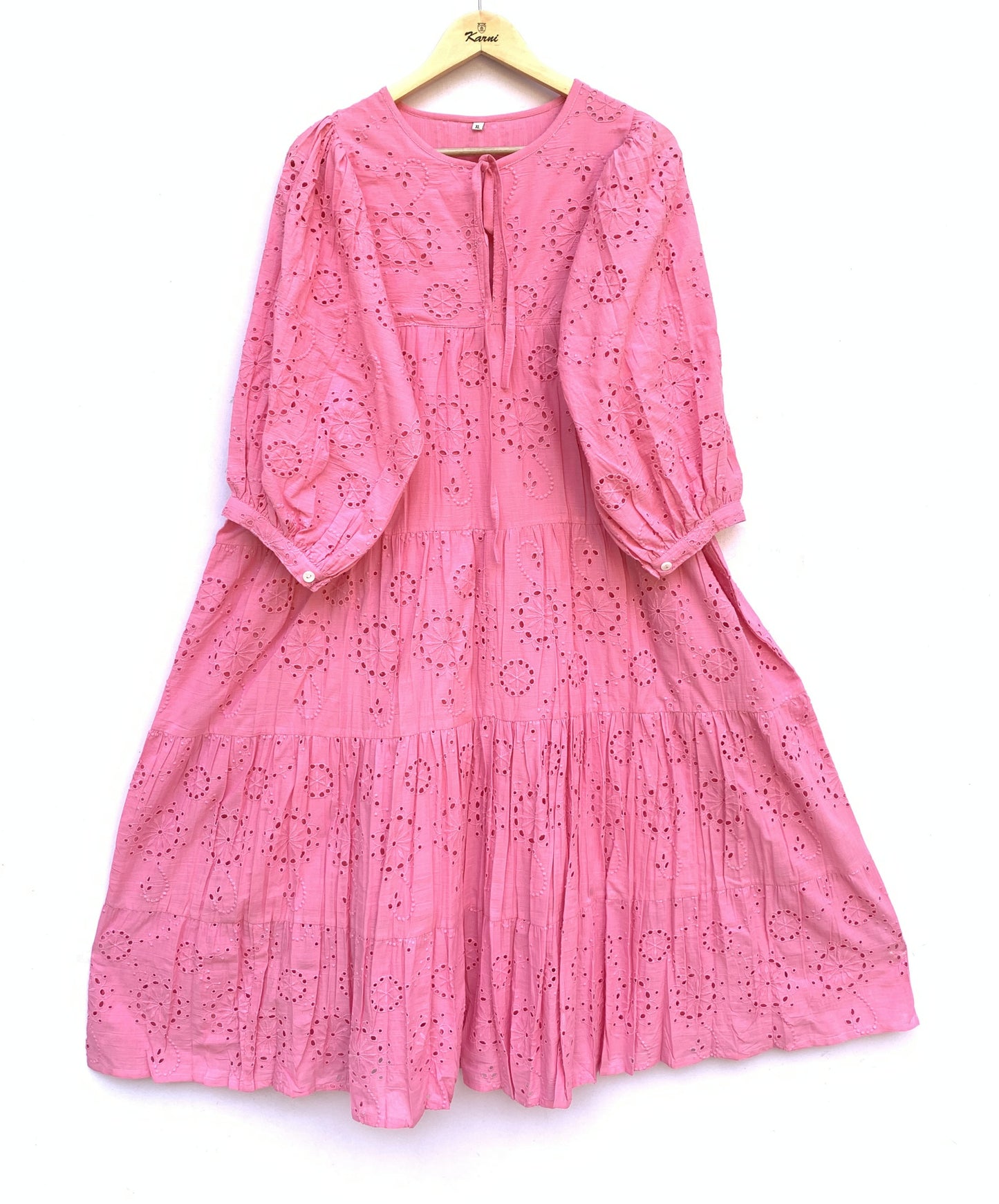 Pink Eyelet Cotton Maxi Dress – Tiered Boho Long Sleeve Summer Dress