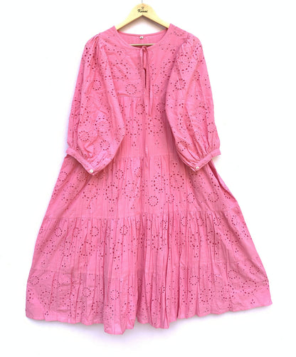 Pink Eyelet Cotton Maxi Dress – Tiered Boho Long Sleeve Summer Dress