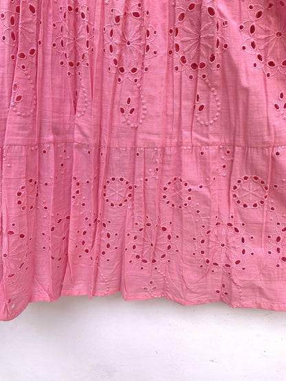 Pink Eyelet Cotton Maxi Dress – Tiered Boho Long Sleeve Summer Dress