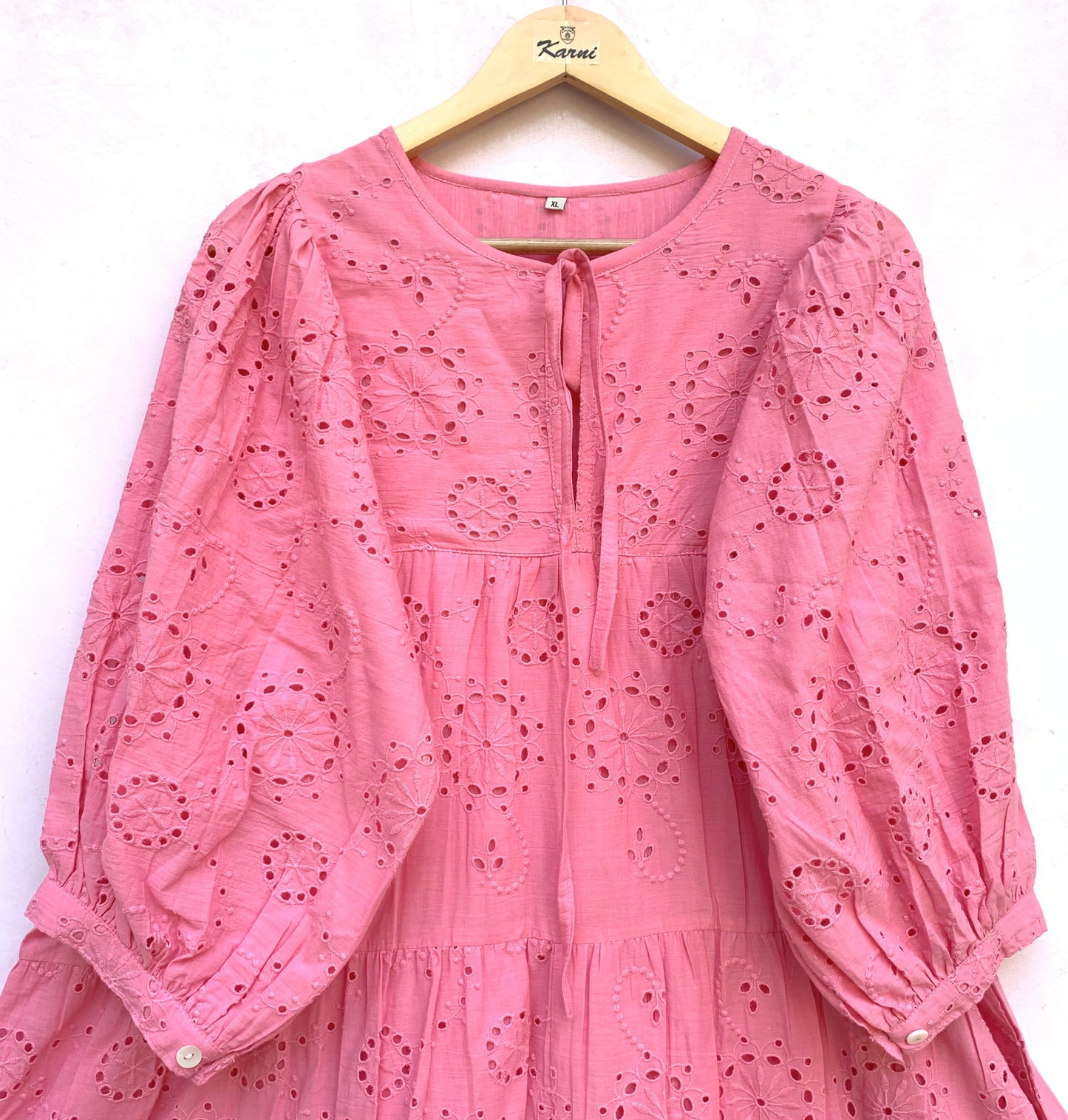 Pink Eyelet Cotton Maxi Dress – Tiered Boho Long Sleeve Summer Dress