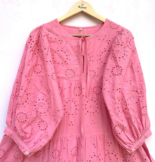 Pink Eyelet Cotton Maxi Dress – Tiered Boho Long Sleeve Summer Dress