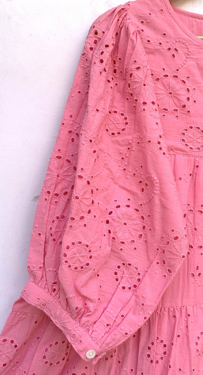 Pink Eyelet Cotton Maxi Dress – Tiered Boho Long Sleeve Summer Dress