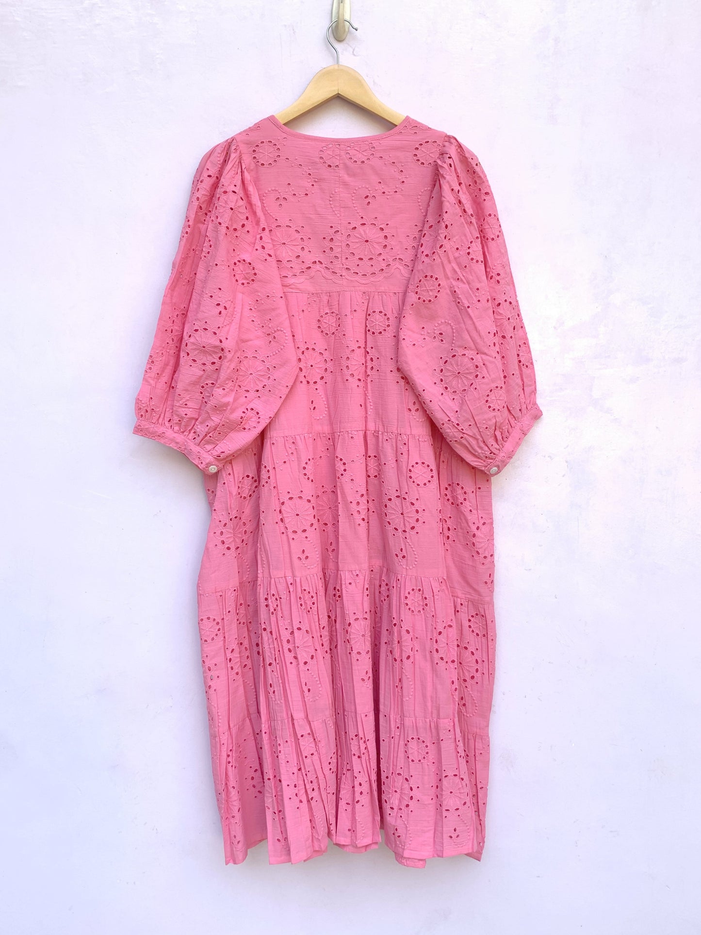 Pink Eyelet Cotton Maxi Dress – Tiered Boho Long Sleeve Summer Dress