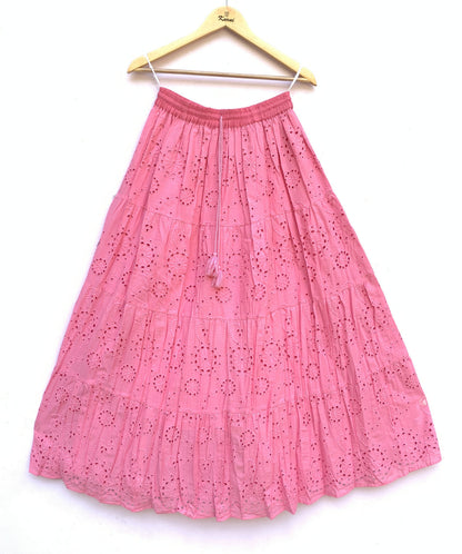 Pink Eyelet Cotton Maxi Skirt – Tiered Boho Elastic Waist Summer Skirt