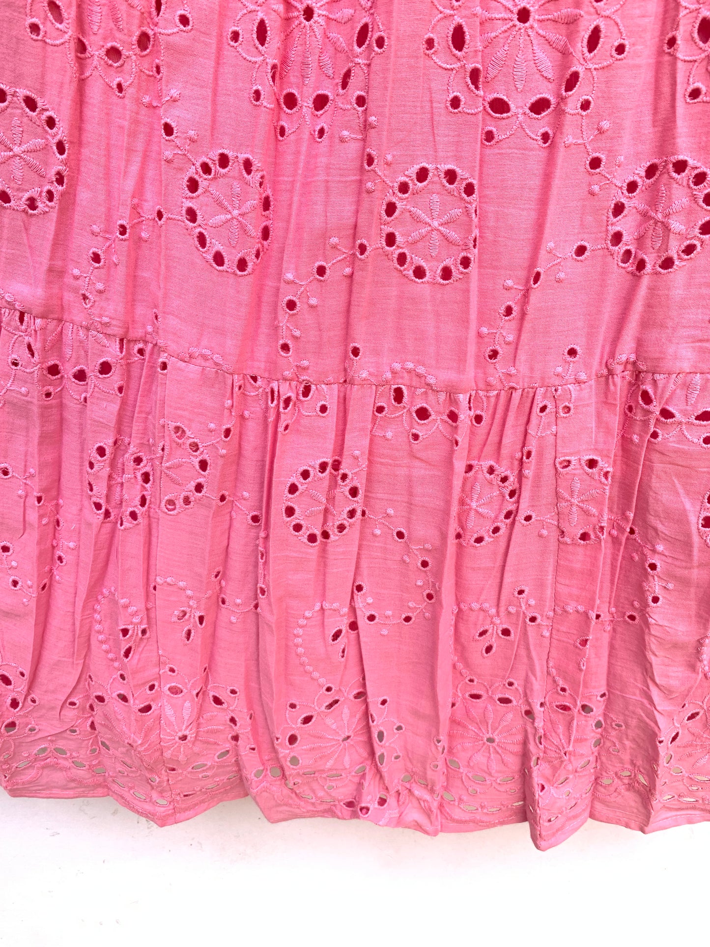 Pink Eyelet Cotton Maxi Skirt – Tiered Boho Elastic Waist Summer Skirt