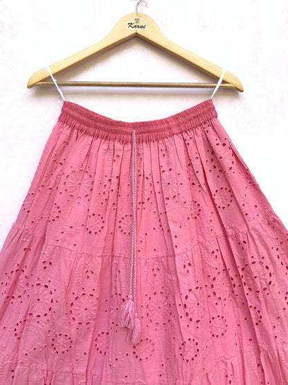 Pink Eyelet Cotton Maxi Skirt – Tiered Boho Elastic Waist Summer Skirt